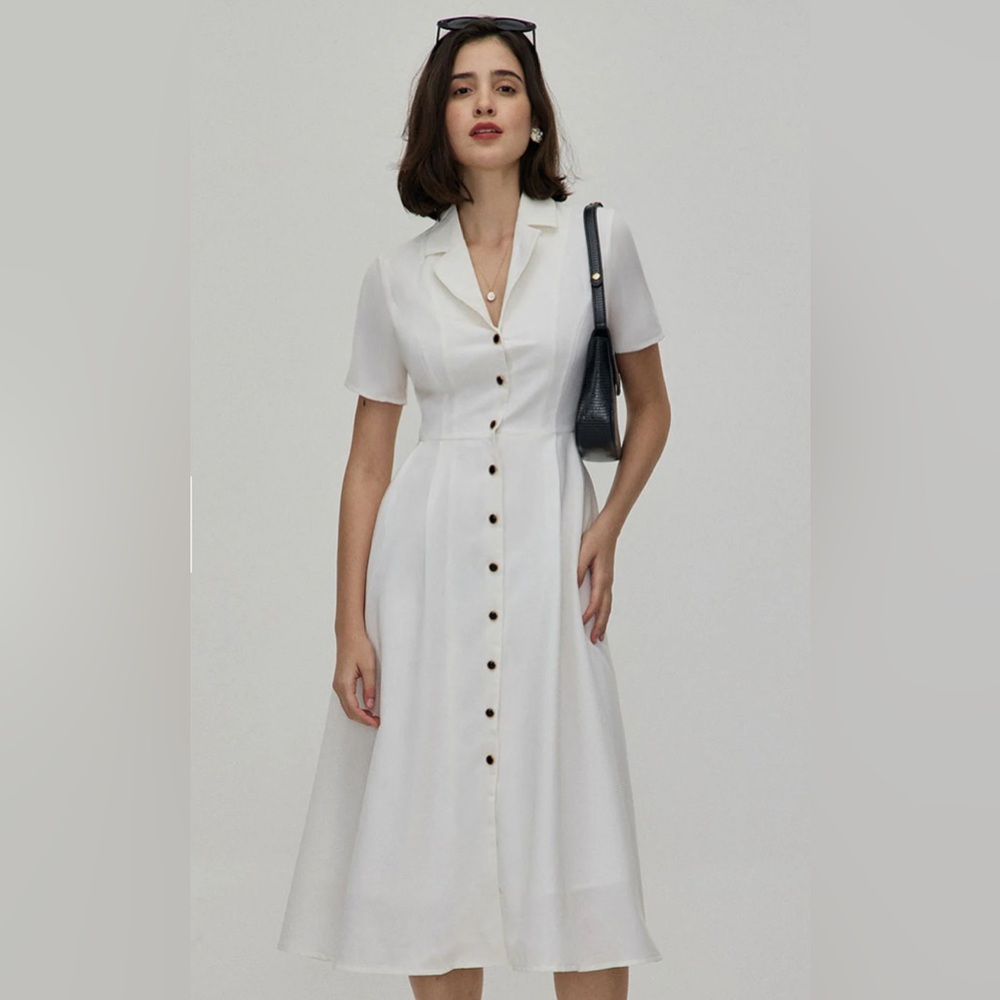 NWT RIHOAS The White Lapel Short Sleeve Button-up Midi Dress Sz XS, S.
